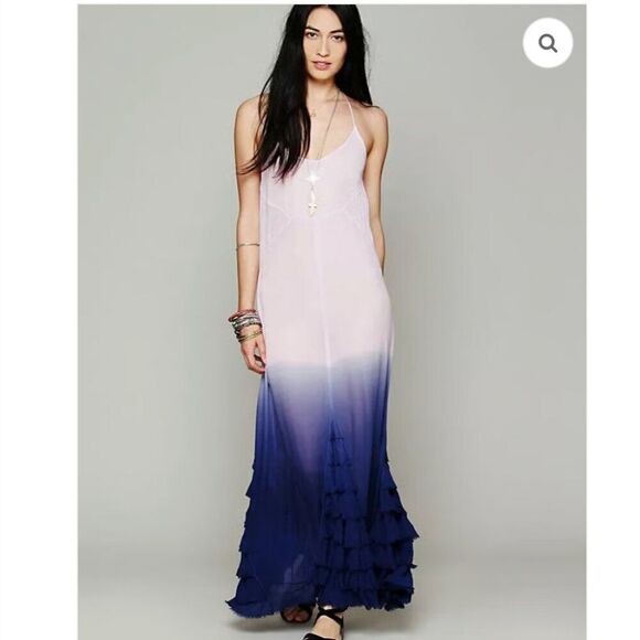 Free People XS Hazy Days Maxi Slip Dress Ombre Sexy Purple Boho Ruffle Coquette - Picture 14 of 16